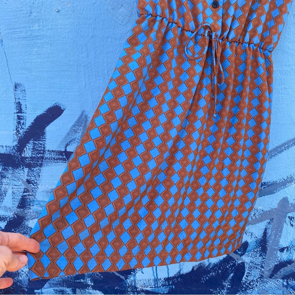 Blue and orange retro style midi dress rolled short sleeve button front size 14P - Picture 6 of 10